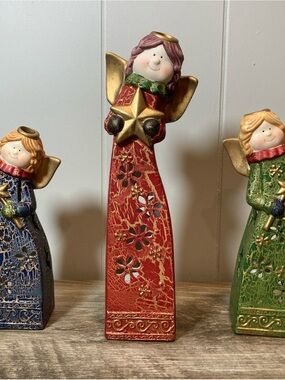 Rustic Angel Tea Light holders Ceramic Set Of 3 Holiday Cottagecore